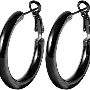Black Stainless Steel Thick Hoop Earrings, 30mm, Stylish Minimalist Hoops for Wo